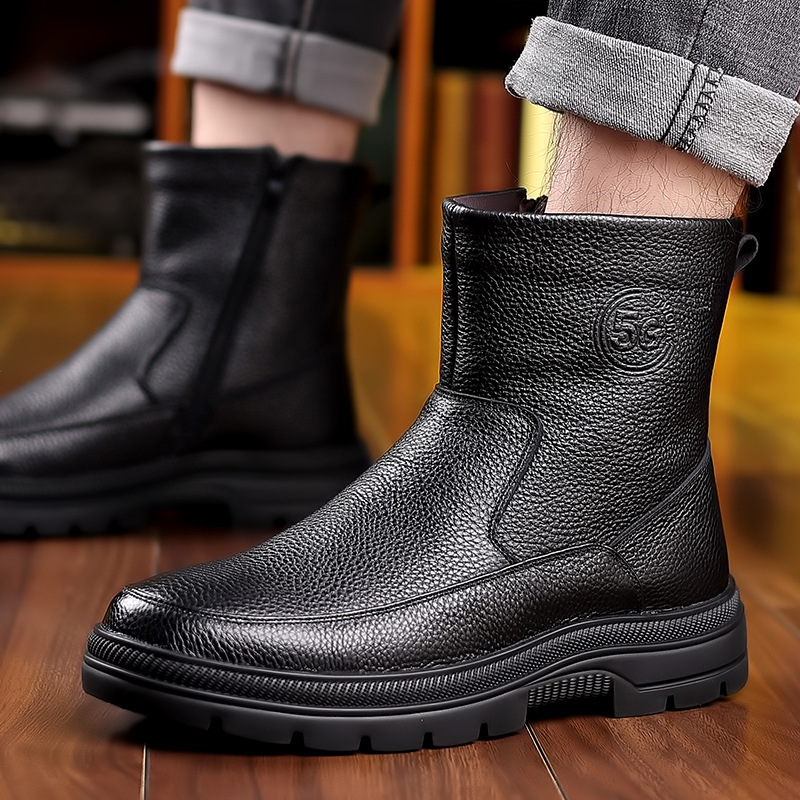 Snow Boot Fur Lined - メンズハイカットレザー製スノーブーツ、暖かいウール裏地付き冬用シューズ、厚手のプラッシュファー、滑り止め加工、快適な履き心地、お父さんへのプレゼントに最適、アウトドア用