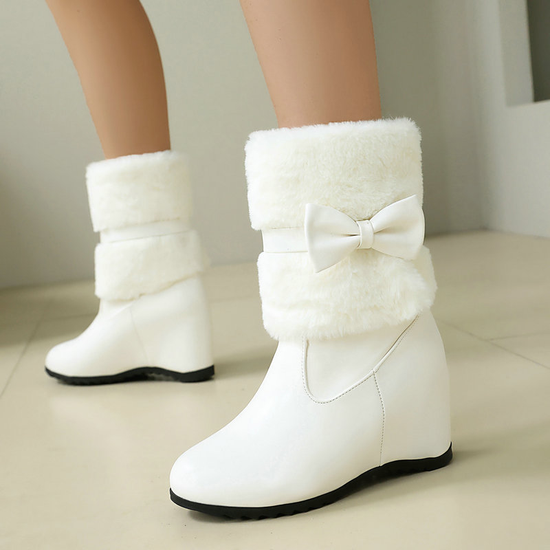 Snow Boot Fur Lined - 女性用黒白ウィンタースノーブーツ、フェイクファー裏地付きウェッジヒールアンクルブーツ、キュートな蝶結び付き暖かいプラットフォームシューズ、ロリータシューズ