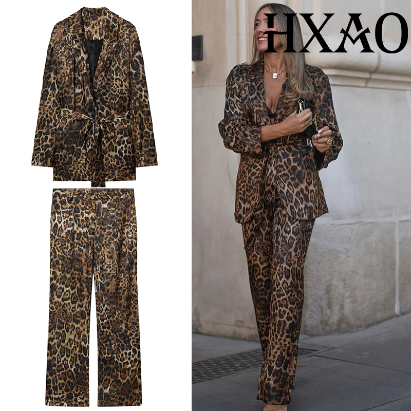 Winter Clothing Vintage - HXAO レオパード柄パンツスーツ 2ピースセット ヴィンテージ風ロングブレザー ジャケット ツーピースセット