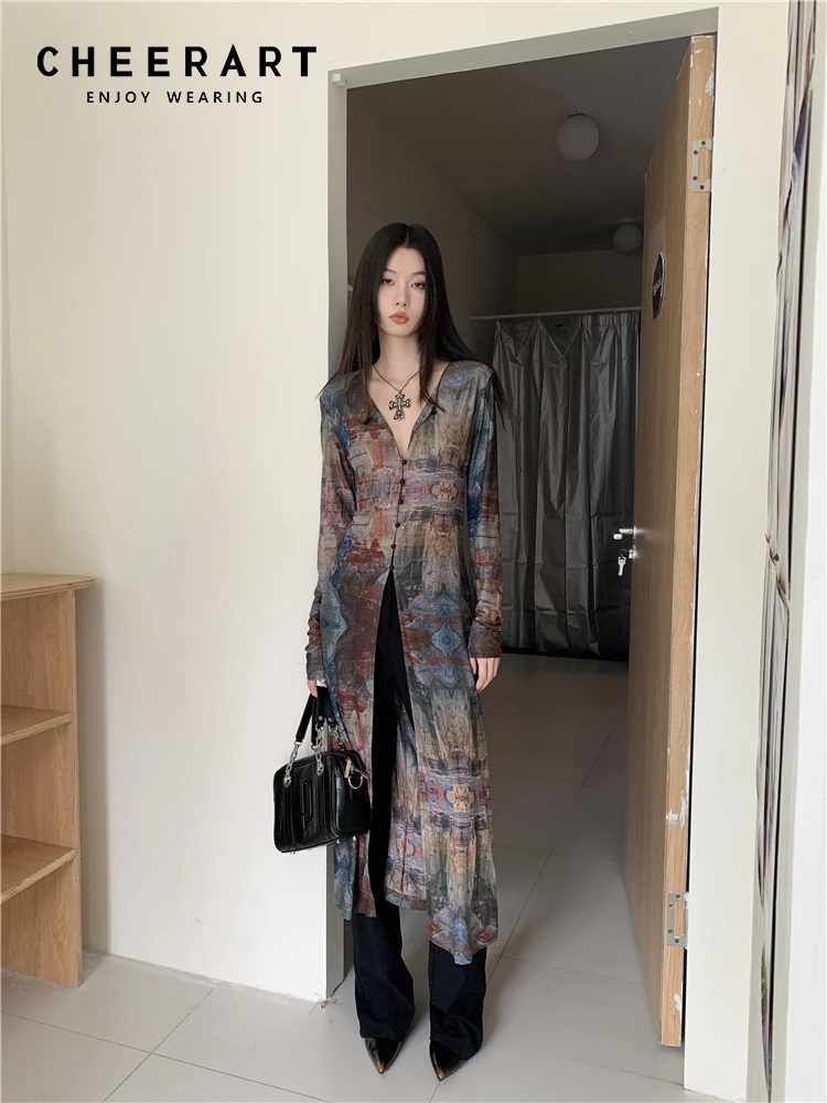 Winter Clothing Vintage - Cheerart-x-女性用ロングシャツ、ヴィンテージカーディガン、油絵、メッシュ、長袖、Vネック、デザイナートップ、ファッションウェア