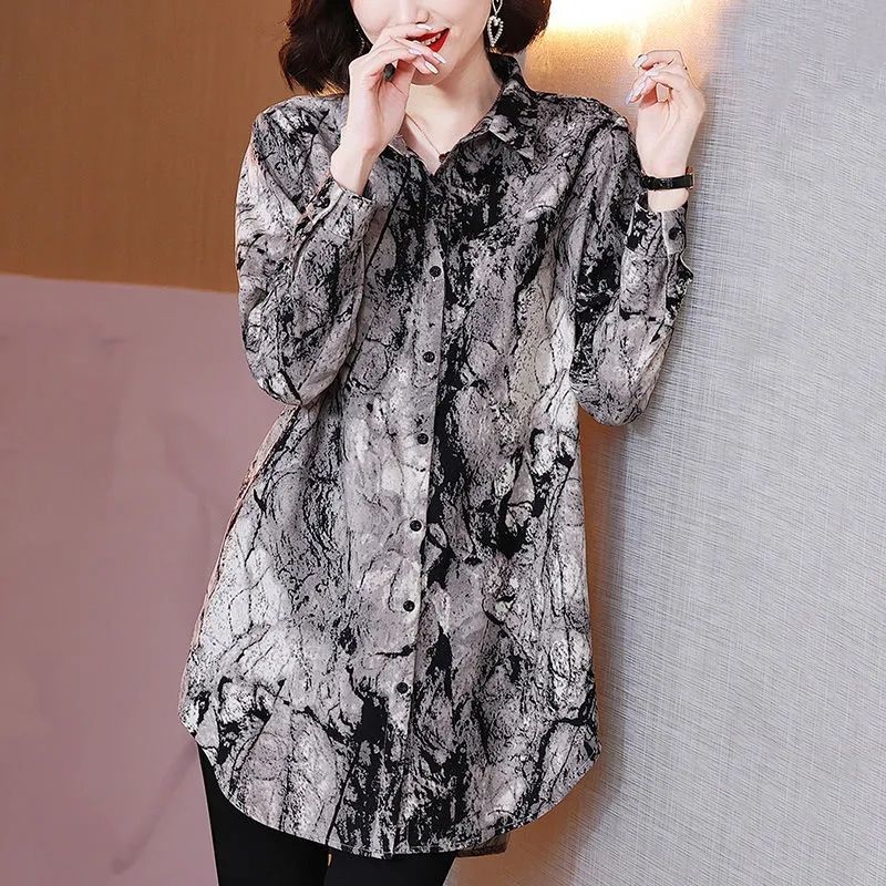 Winter Clothing Vintage - ヴィンテージプリントラペルボタンオーバーサイズシャツ婦人服秋の新作カジュアルトップスオールマッチルーズオフィスレディブラウス