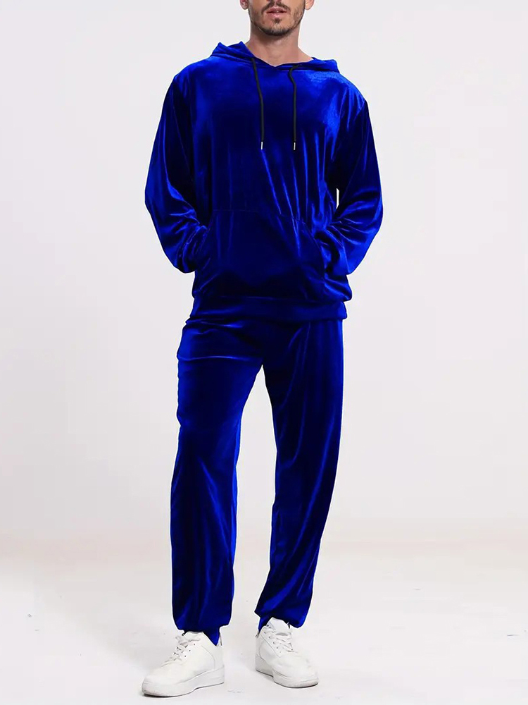 Winter Clothing Vintage - ファッション無地ベルベットツーピースセット メンズ秋冬カジュアル長袖フーディー＆パンツセットアップ メンズ服 ヴィンテージスーツ