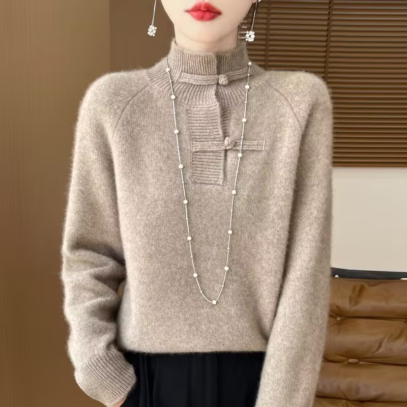 Winter Under Clothing - 秋と冬の母のセーター スタンドカラー婦人服中国風厚手ニットトップ女性用プルオーバーピンクレッド