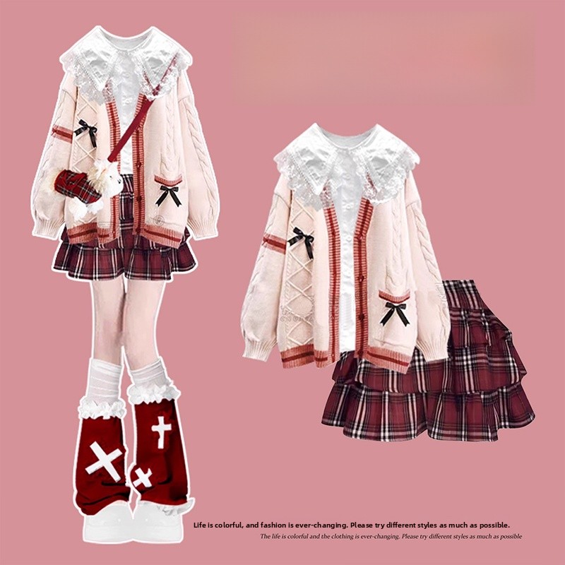 Winter Under Clothing - 赤いチェック柄のセータードレス女性のファッション秋冬服ミュウシリーズショートスカートハイウエスト綿通気性カジュアル