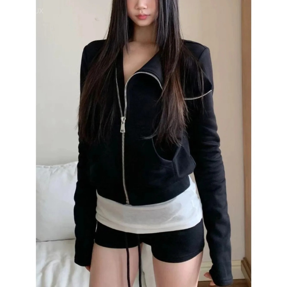 Winter Under Clothing - 非対称女性服春の新長袖ジッパーパーカールーズカジュアルパーカー Y2k サブカルチャー服原宿トップス