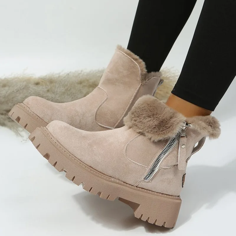 Snow Boot Fur Lined - 女性の冬用スノーブーツ暖かいフェイクファー裏地付きチャンキーラグソールアンクルブーツサイドジッパースエードレザー屋外ウォーキングシューズ