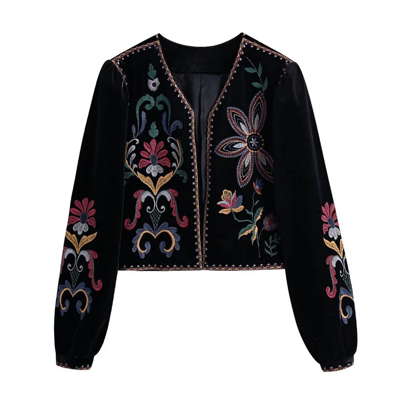 Winter Clothing Pictures - 婦人服冬の新スリムフィット長袖ショートシャツ黒ベルベット花柄刺繍ジャケット長袖アウター SA7T