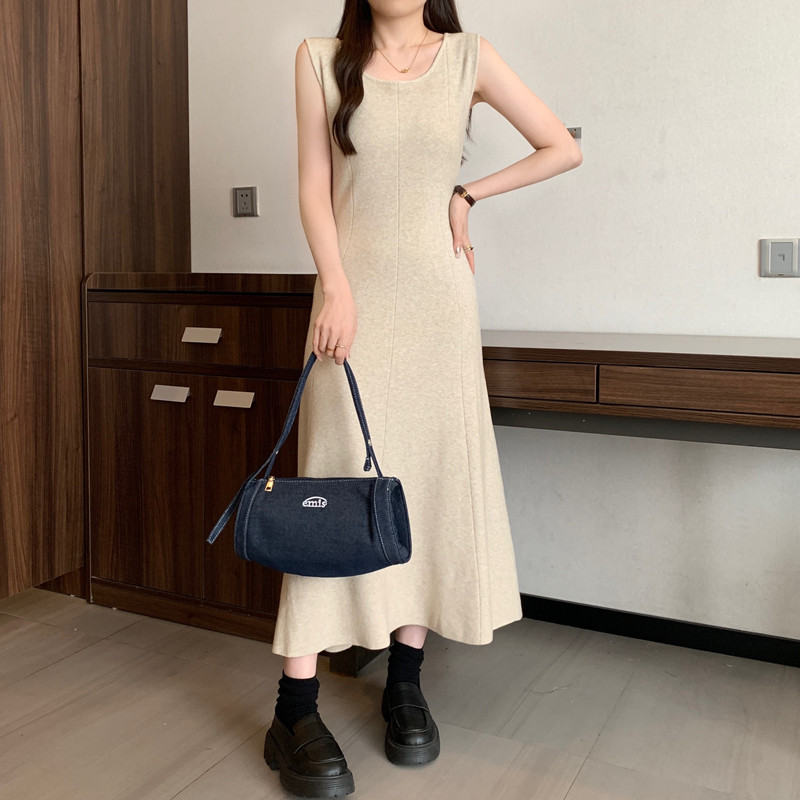Winter Clothing Vintage - エレガントな無地ノースリーブニットヴィンテージOネックシックなスリム秋ワンピースイブニングハイストリートプラスサイズ服