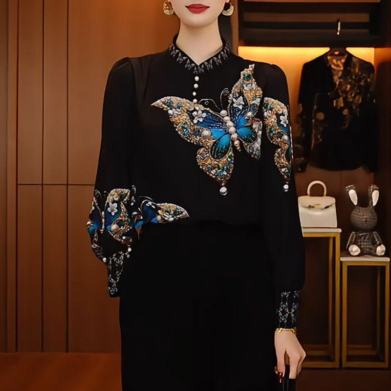 Winter Clothing Vintage - 女性用バタフライプリントブラウス,チャイニーズスタイル,スタンドカラー,フリース,厚手で暖かいシャツ,長袖,スリムなトップス,エレガントな服