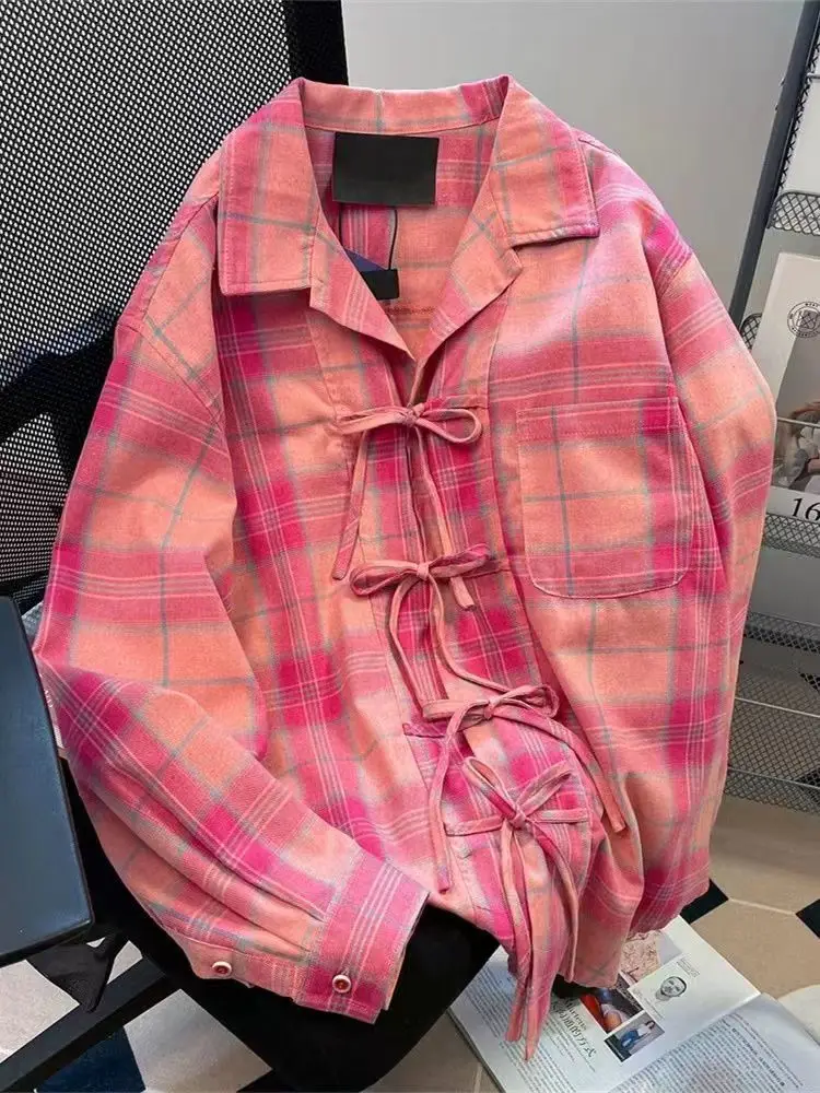 Winter Clothing Vintage - Y2Kアメリカンヴィンテージピンクチェックシャツ レディース サマーファッション 新ラペルネックブラウス レディース 2025