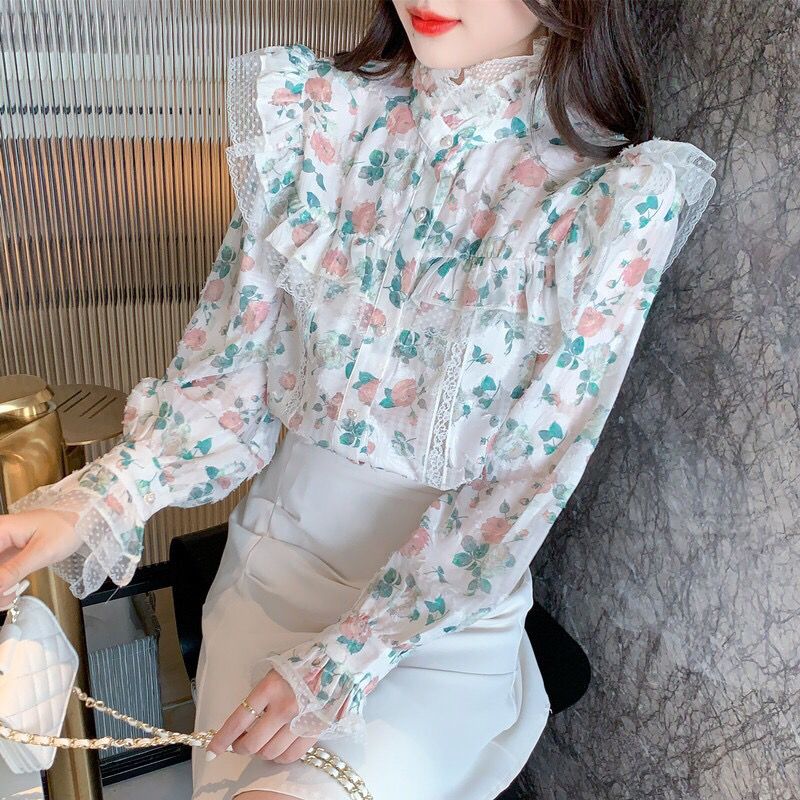 ヴィンテージプリントガーゼ花柄フレアスリーブシフォンシャツ婦 - Winter Clothing Vintage のレビューと価格
