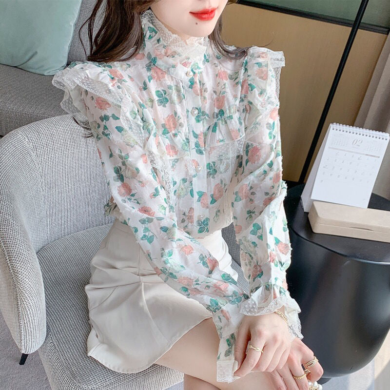 ヴィンテージプリントガーゼ花柄フレアスリーブシフォンシャツ婦 - Winter Clothing Vintage のレビューと価格