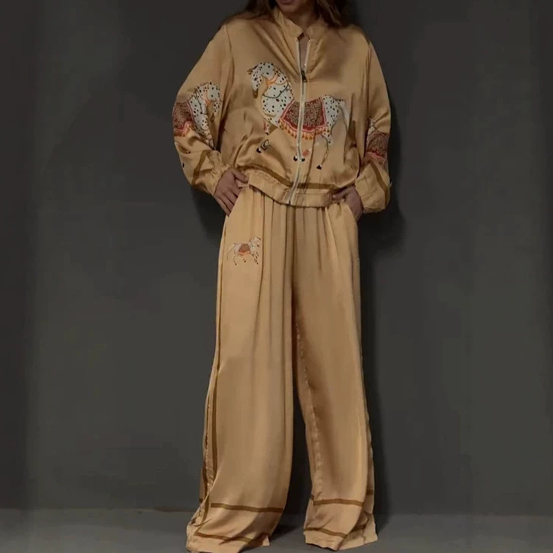 ヴィンテージアニマルプリント長袖ジッパーコートとパンツセット - Winter Clothing Vintage のレビューと価格